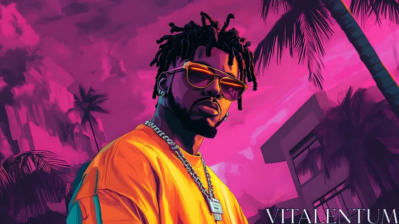 Neon graded urban portrait under magenta tropical skyline