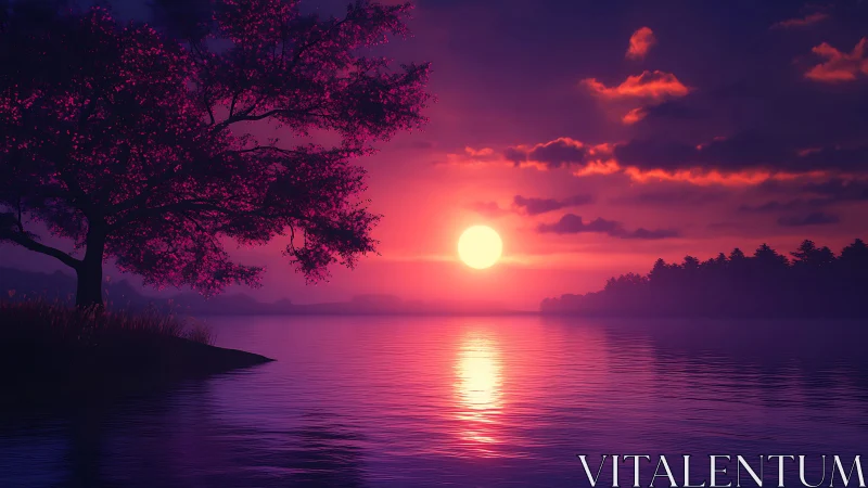 Lake horizon sunset with silhouetted tree and shoreline.