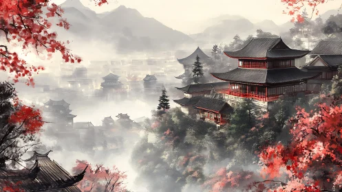 Misty mountain temples glow amid crimson autumn foliage.