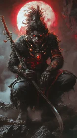 Simian warrior figure with sword before red lunar backdrop.