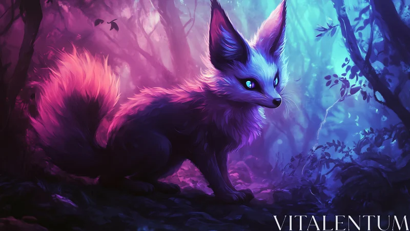 Enchanted neon fox with glowing fur in a dreamy twilight wood.