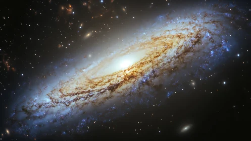 Spiral galaxy core with bright dust lanes and starfield.