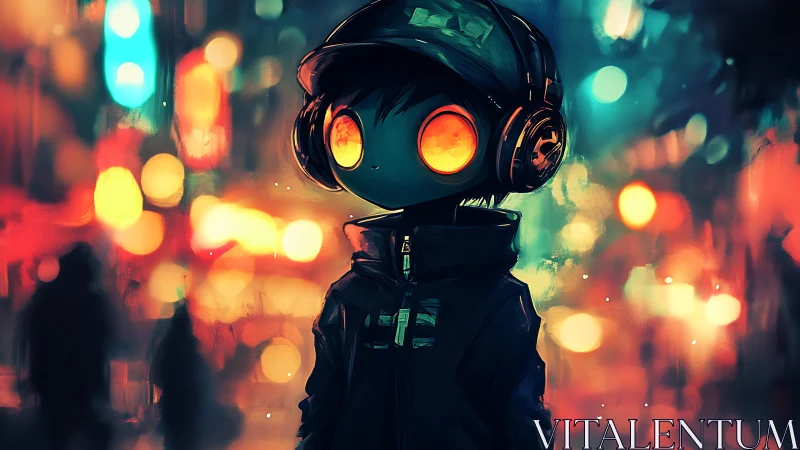 Neon-eyed headphone figure stands amid blurred cyberpunk city glow
