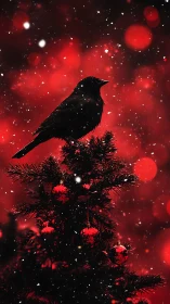 Silhouetted crow atop decorated fir under red bokeh snowfall