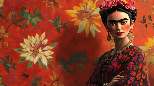 Digital portrait of floral dressed woman on vivid red backdrop.