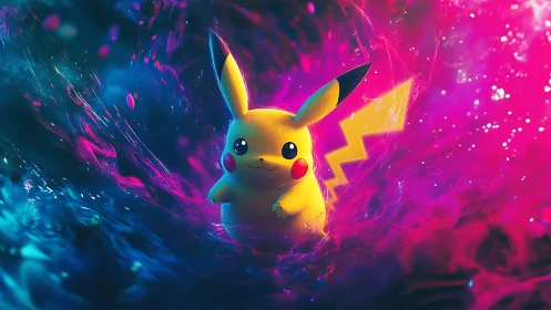 Pikachu stands amid neon electric splash of vivid colors