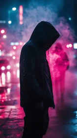 Hooded figure in neon lit urban street at night period