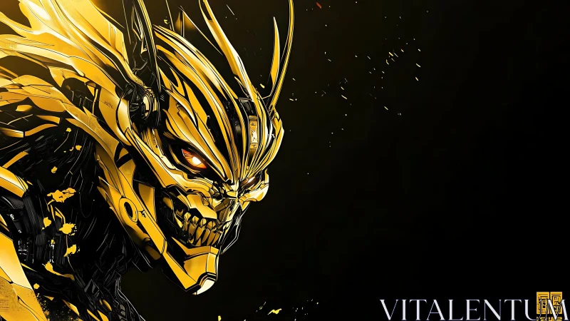 Golden cybernetic skull emerges from darkness in blazing detail