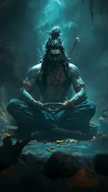 Meditating blue-skinned ascetic sits cross-legged in a cave
