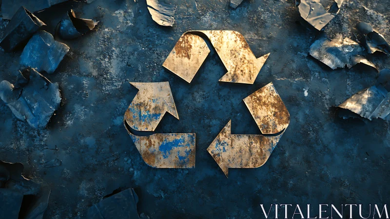 Weathered metal recycling symbol on corroded industrial surface
