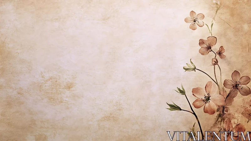 Delicate floral branch curves across textured vintage parchment