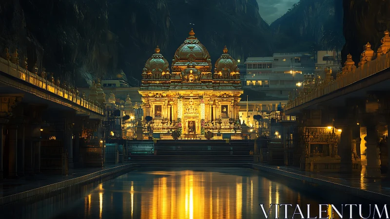 Symmetric golden temple complex reflected in nocturnal waterway.