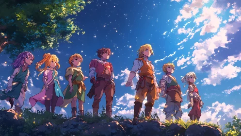 Adventuring youth line up under radiant cel-shaded sky.