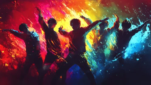 Fluid silhouettes dancing through fiery and icy light streams.