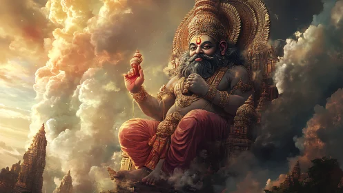 Majestic sky deity seated above temples in golden clouds.