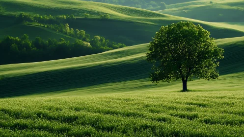 Solitary green sentinel amid rolling sunlit meadow waves.