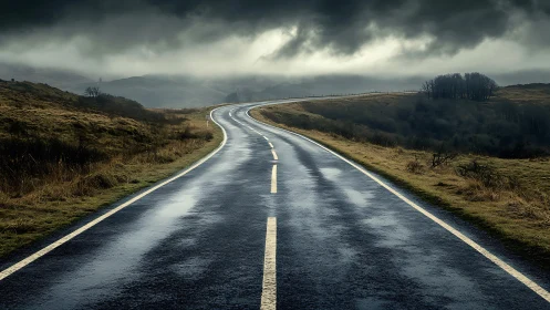 Wet rural highway curves into mist under storm clouds