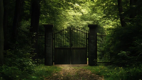 Iron gates frame forest path beneath dense canopy