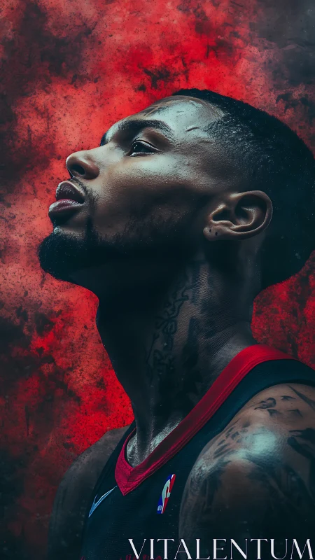 Basketball player profile against intense red backdrop.