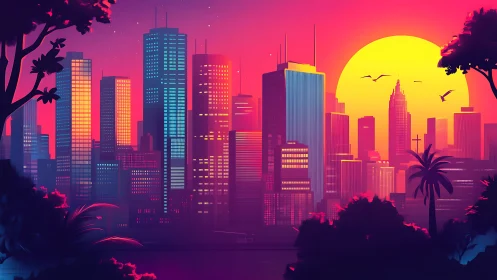 Neon skyline with tropical silhouettes at large setting sun.