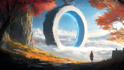 Wanderer gazes at glowing sky portal above autumn cliffs.