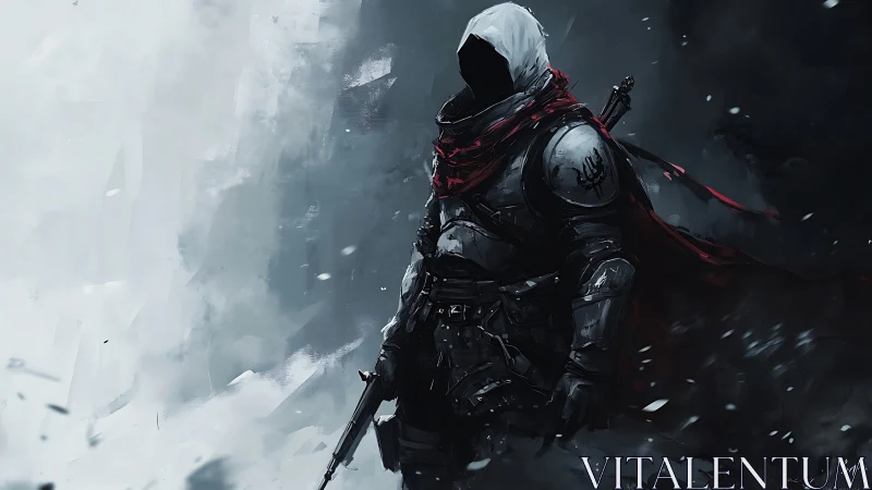 Hooded armored warrior strides through stormy shadows.