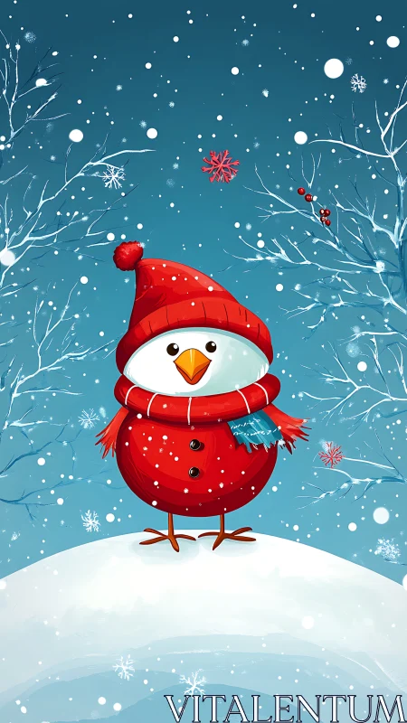 Snowy red bird in cozy winter outfit smiles brightly.