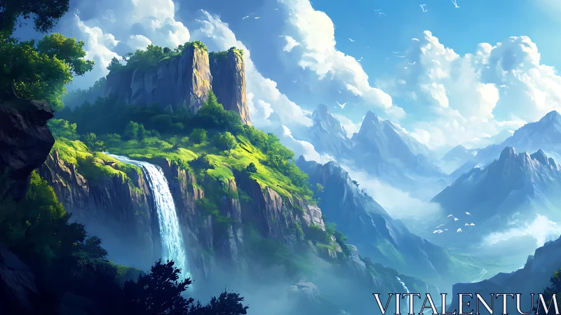 Towering cliffs with waterfall over misty blue mountains.