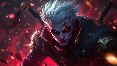 Storm-eyed dark warrior racing through a crimson battle.