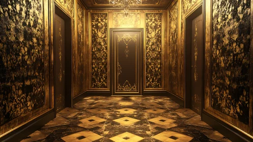 Gold-toned corridor with central door and patterned panels.