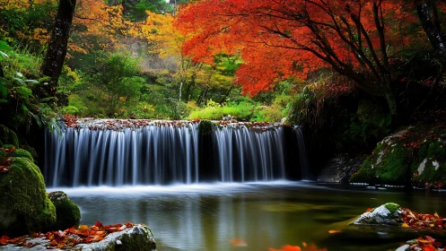 Long-exposure forest waterfall framed by saturated autumn foliage