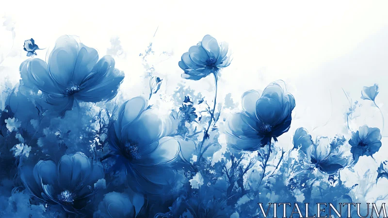 Blue cosmos flowers rendered with watercolor ink wash technique.