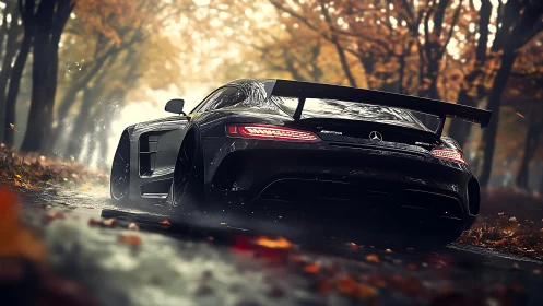 Track-tuned Mercedes AMG slicing through misty autumn woods.