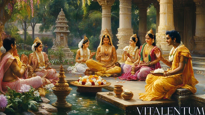 Group of royally dressed figures share offerings by a temple pond