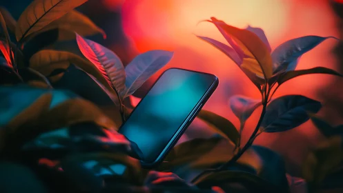 Smartphone Nestled Among Neon-Lit Foliage.
