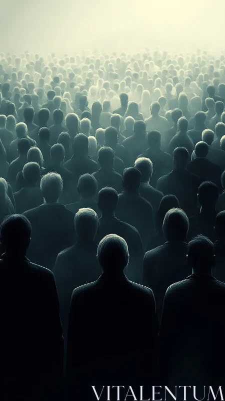 Surging crowd silhouettes dissolving into luminous haze.