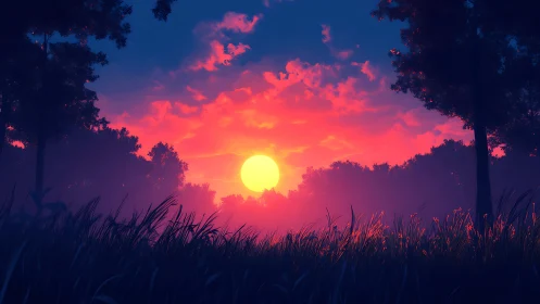 Glow of a dreamy sunset warming a quiet forest meadow.