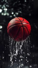 Wet basketball rises through splashing water in dramatic light