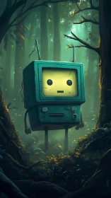 Boxy teal robot with screen face stands alone in misty forest