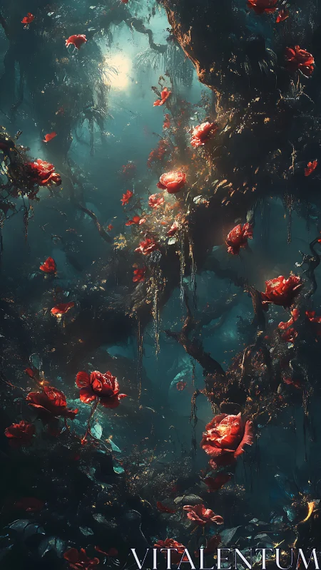 Moonlit abyssal roses breathe in a drowned forest hush.