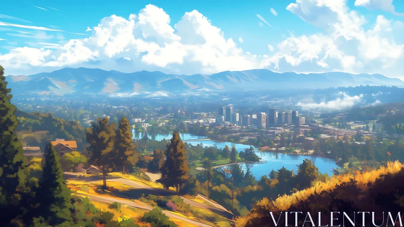 Layered valley cityscape integrates lakes, midrises and haze depth