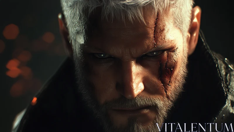 Scarred warrior’s cold stare cuts through smoldering darkness