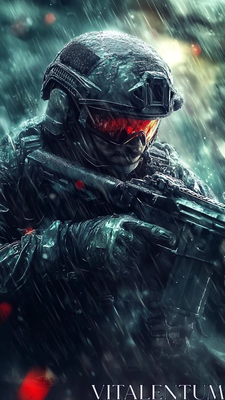 Armored futuristic soldier advances through a storm of rain