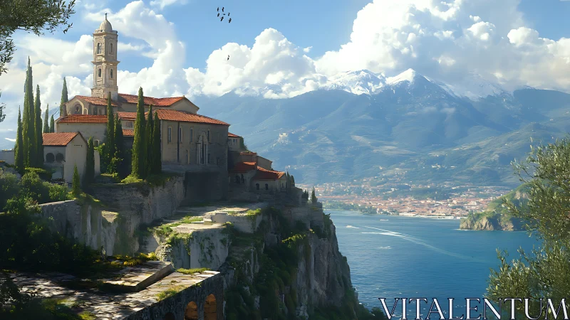 Clifftop monastery overlooking azure bay and snowcapped range.