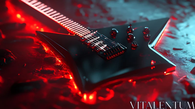 Parametric neon-lit metal guitar on molten reflective surface.