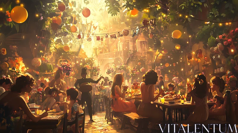 Sunlit garden banquet under glowing lantern canopies.