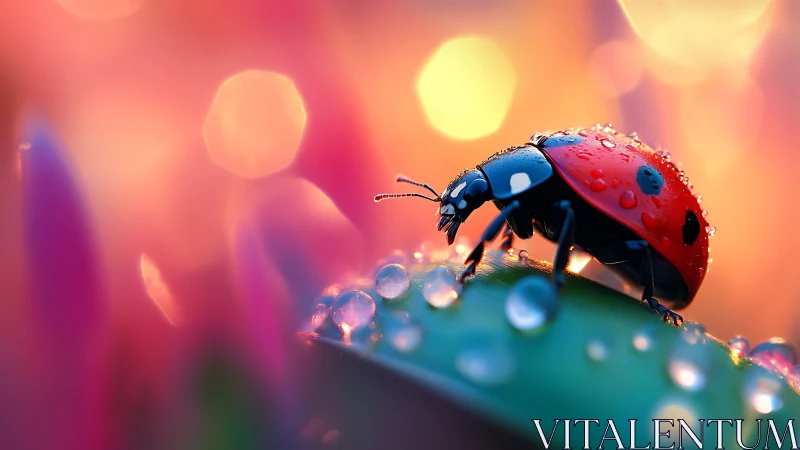 Ladybug stroll through rainbow dew at sunrise hush.