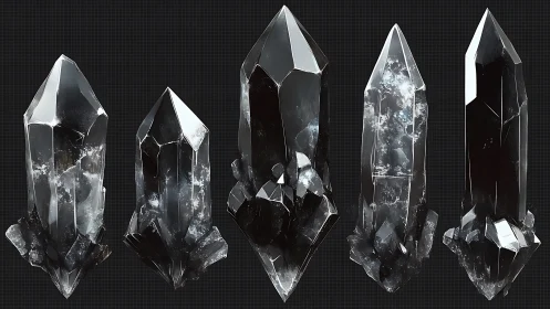 Procedural black quartz crystal cluster renders on grid background.