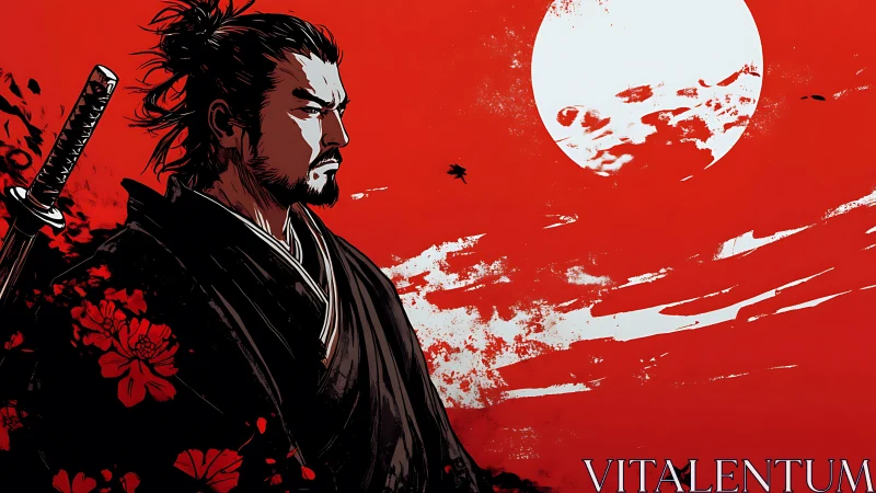 Samurai warrior in black robe under stark red sun.