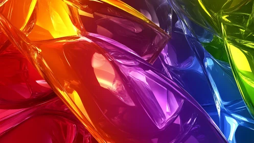 3D chromatic glass ribbons in layered abstract composition.
